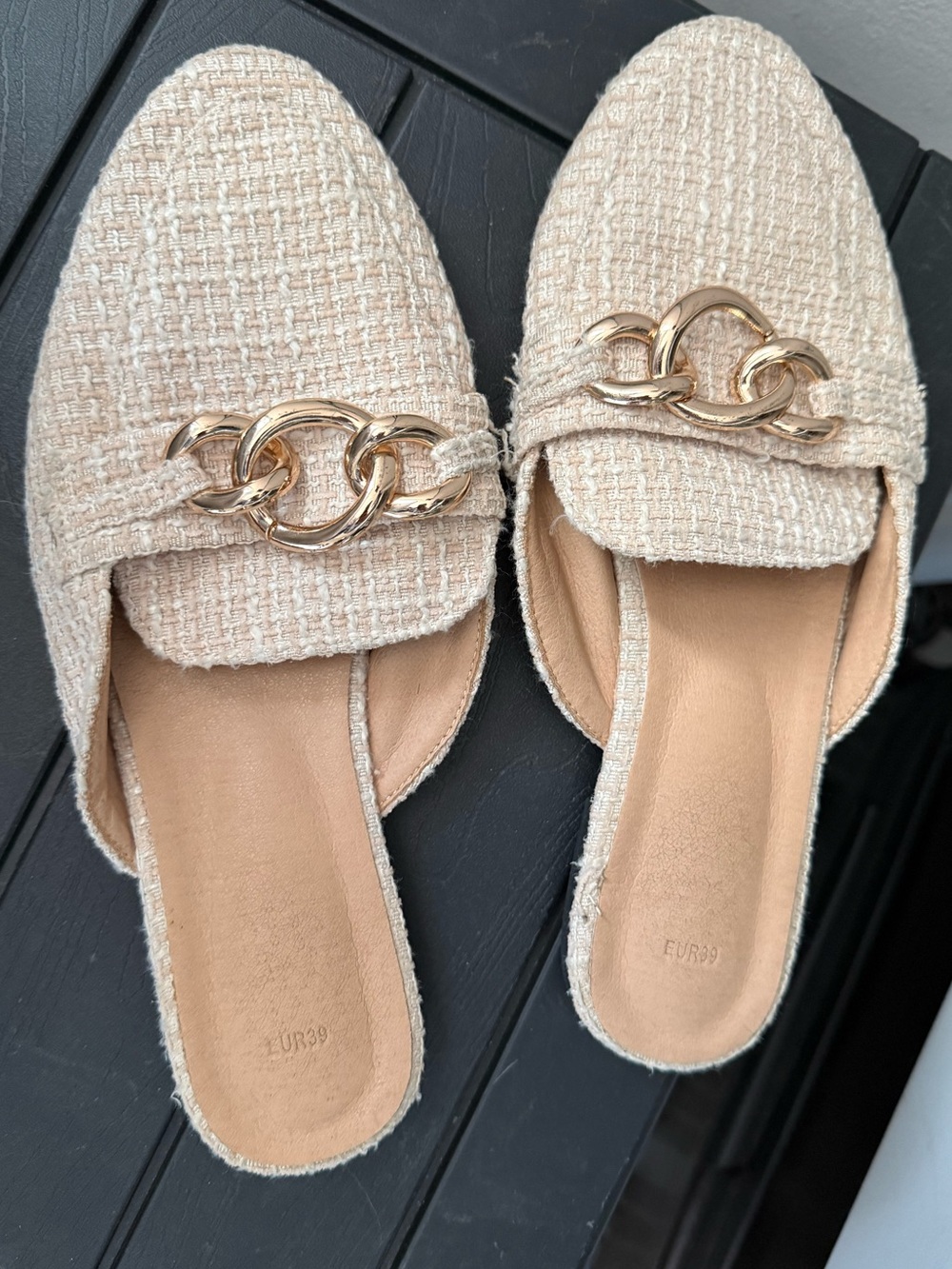 Beige Tweed Chain-Accent Women’s Mules